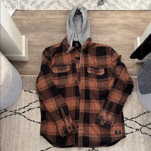 DC Men's Brown & Black Plaid Hooded Shirt Jacket